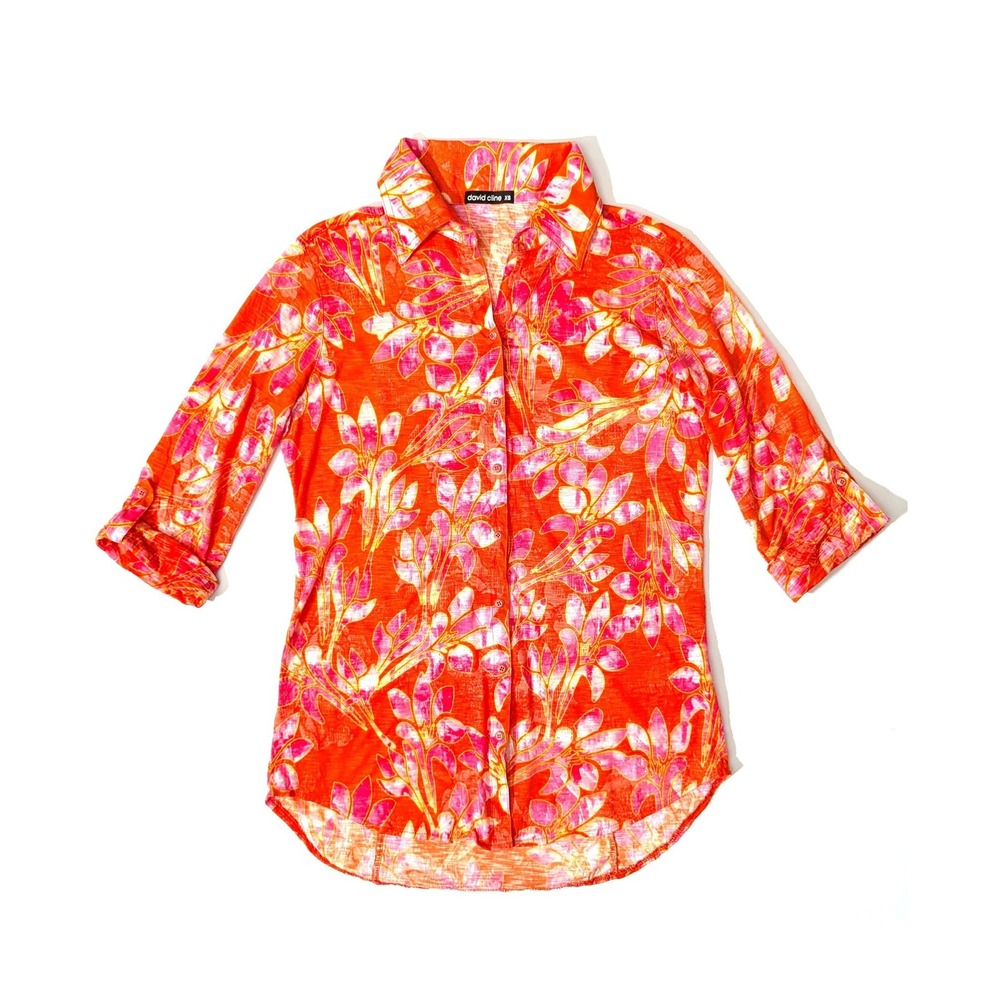 David Cline Tropical Floral Button Down Shirt 3/4 Roll Tab Sleeve Orange Pink XS